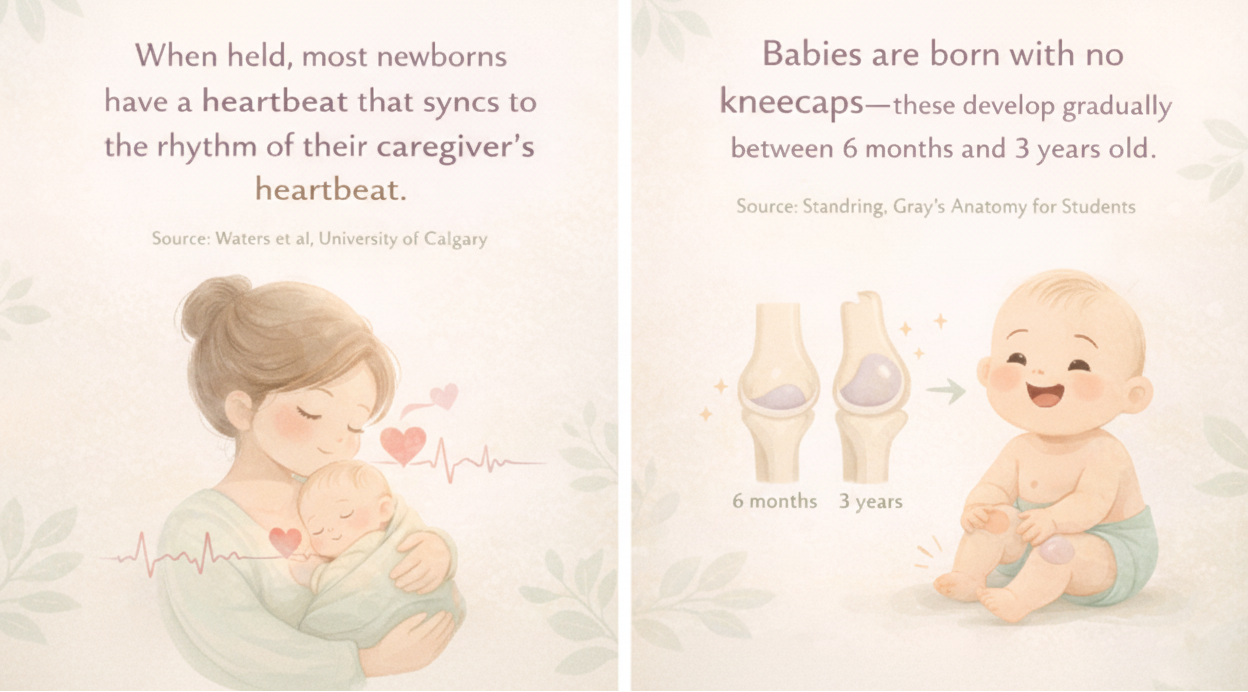 Two images showing a mother holding a baby and an illustration of a baby's development, with text about heartbeats and knee development.
